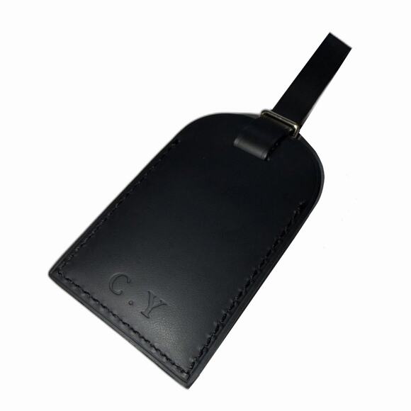 Louis Vuitton Leather Name Tag w/ C Y Initials Goldtone Black Large